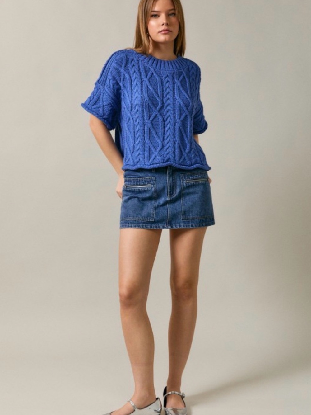 Le Lis Cobalt Blue Cable-Knit Short Sleeve Sweater